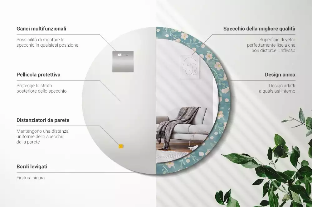 Rund spegel med tryckt ram Blommönster