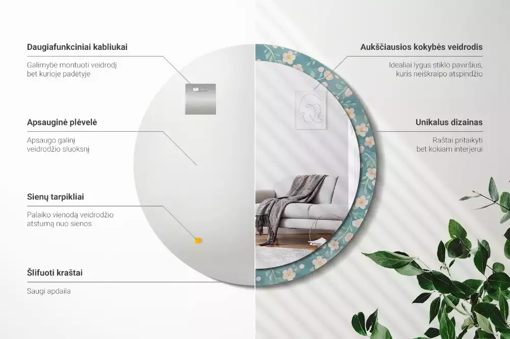 Rund spegel med tryckt ram Blommönster