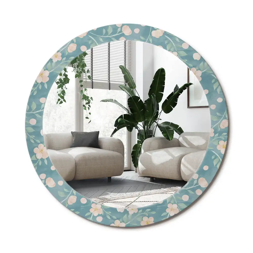 Rund spegel med tryckt ram Blommönster