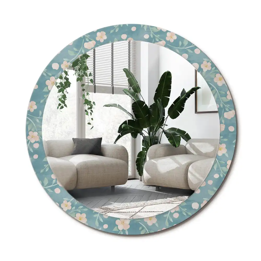Rund spegel med tryckt ram Blommönster