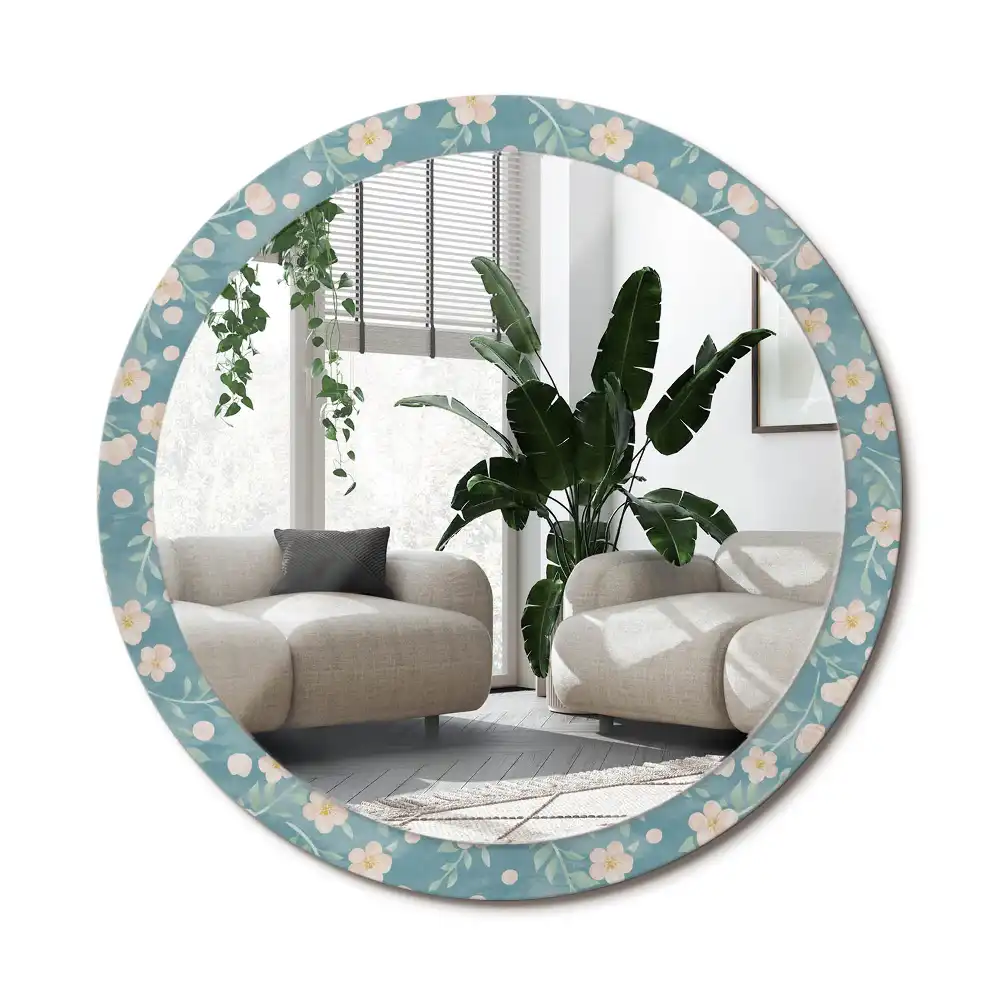 Rund spegel med tryckt ram Blommönster