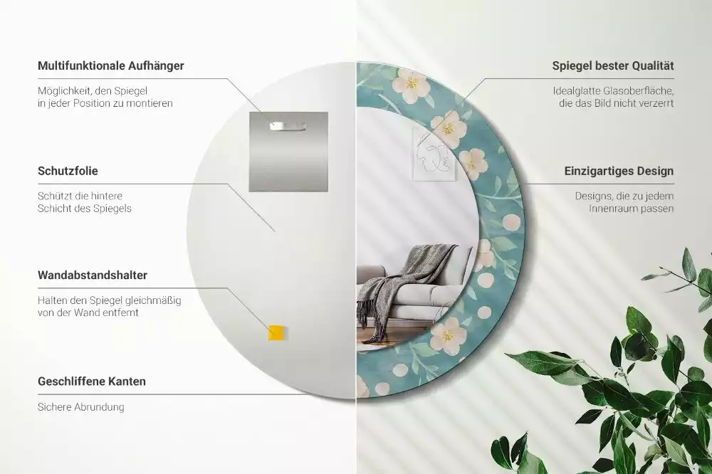 Rund spegel med tryckt ram Blommönster