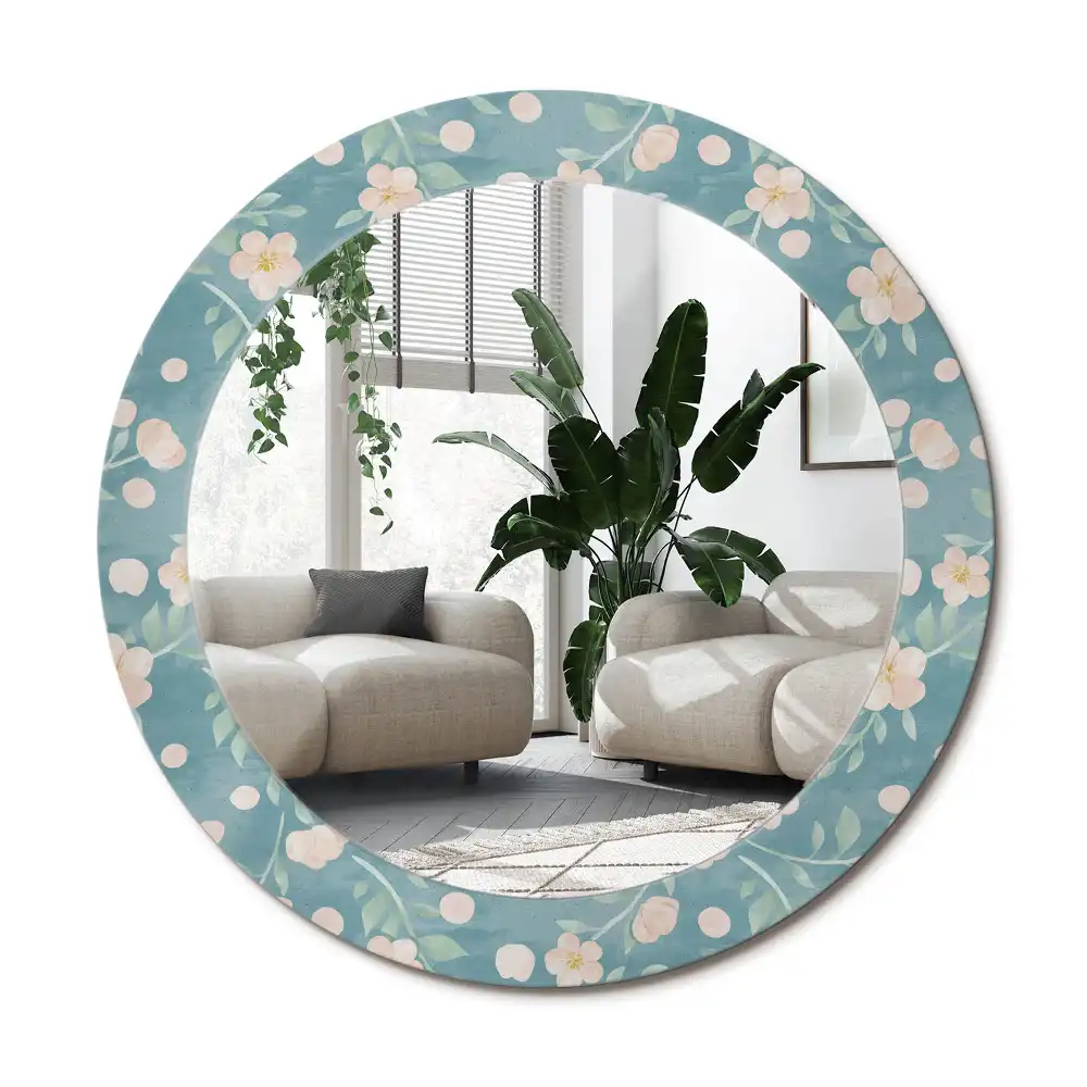 Rund spegel med tryckt ram Blommönster