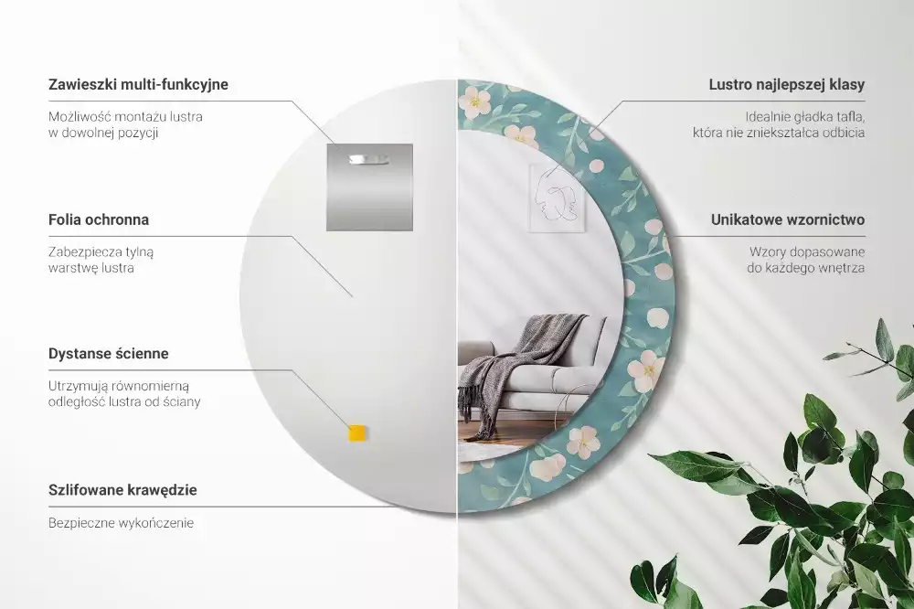 Rund spegel med tryckt ram Blommönster