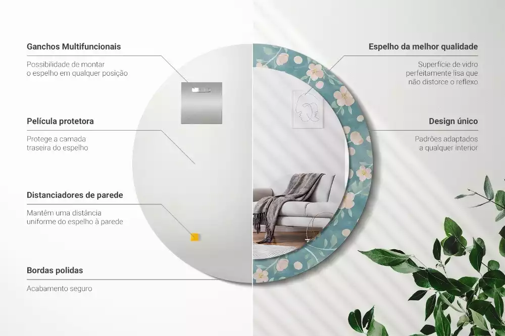 Rund spegel med tryckt ram Blommönster