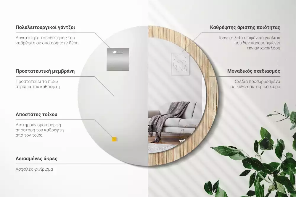 Rund spegel med tryckt ram Bambu halm