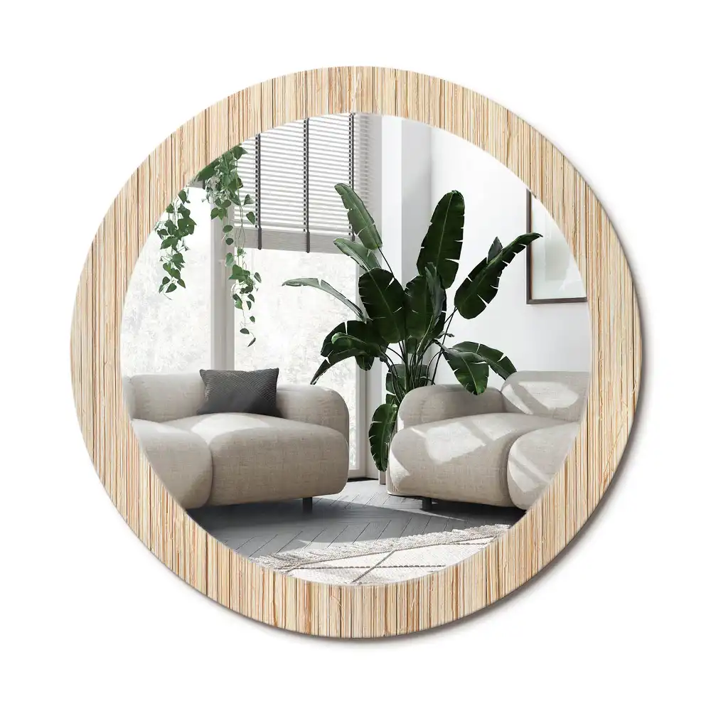 Rund spegel med tryckt ram Bambu halm