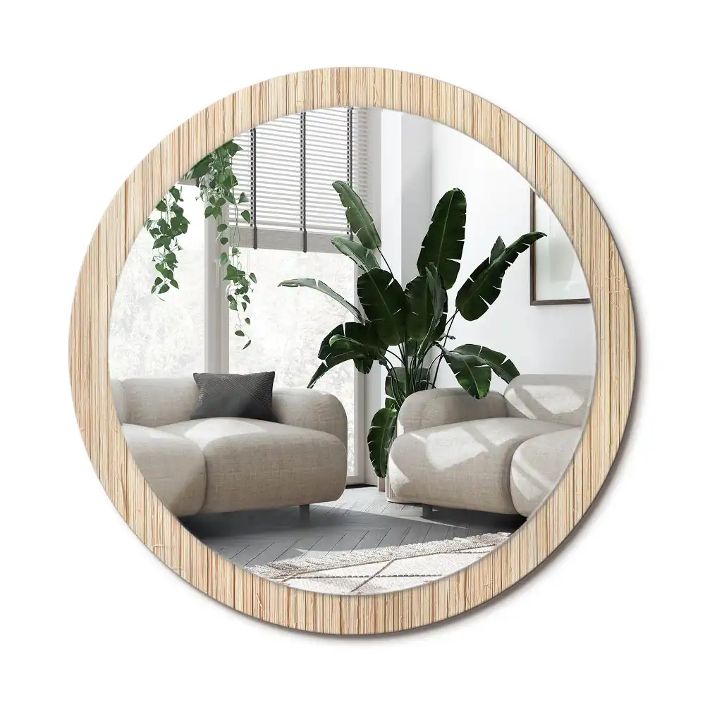 Rund spegel med tryckt ram Bambu halm
