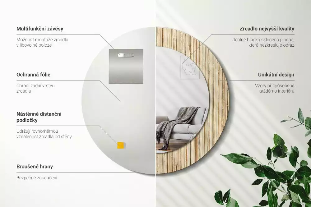 Rund spegel med tryckt ram Bambu halm