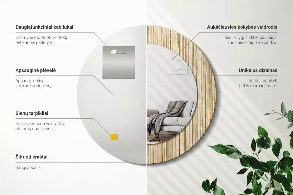 Rund spegel med tryckt ram Bambu halm