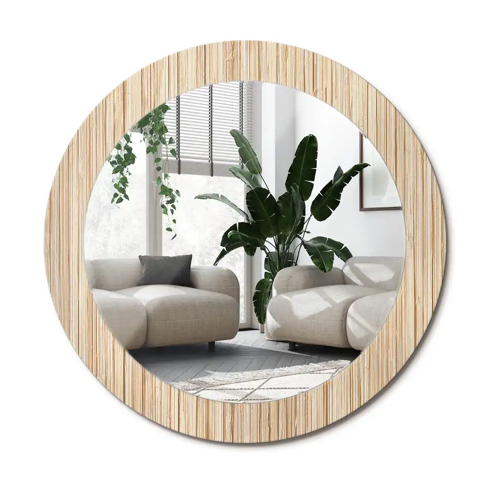 Rund spegel med tryckt ram Bambu halm