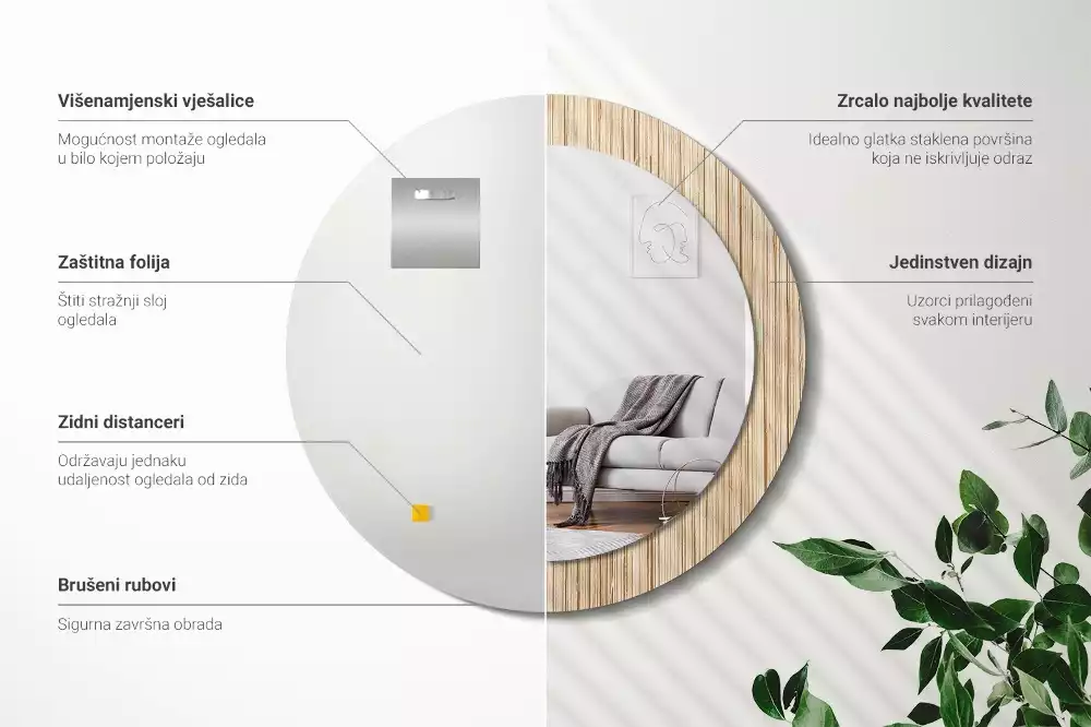 Rund spegel med tryckt ram Bambu halm