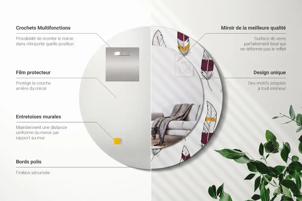 Rund spegel med tryckt fjädrar