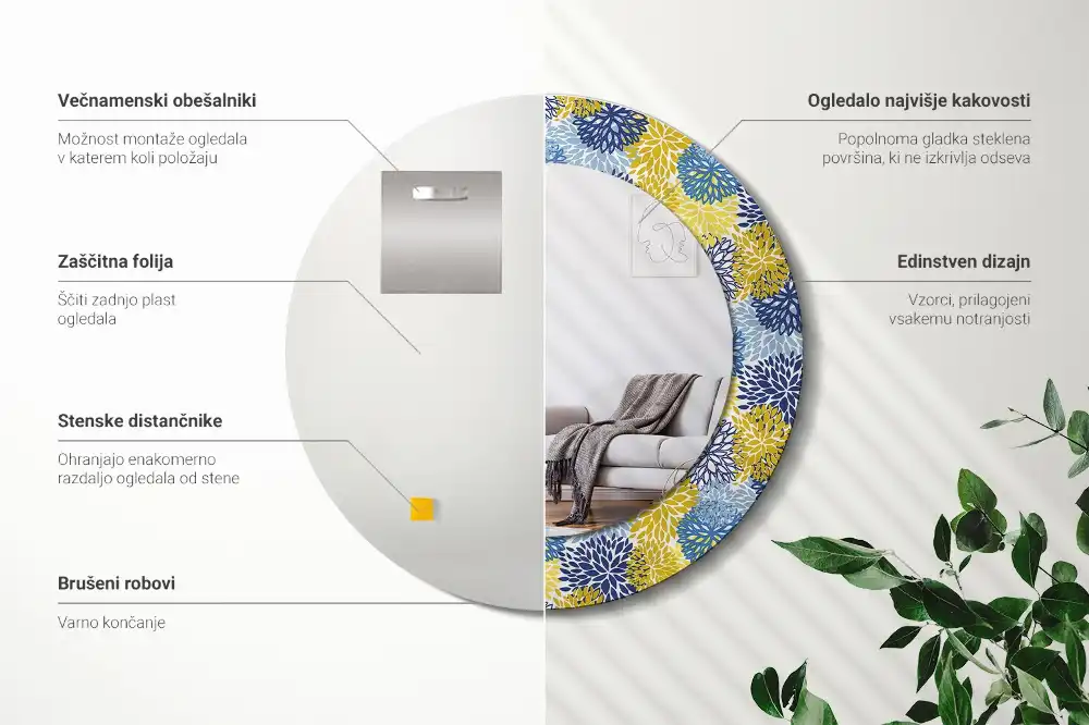 Rund spegel med tryckt Blå blommor