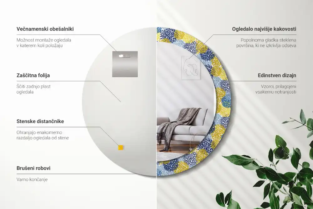 Rund spegel med tryckt Blå blommor