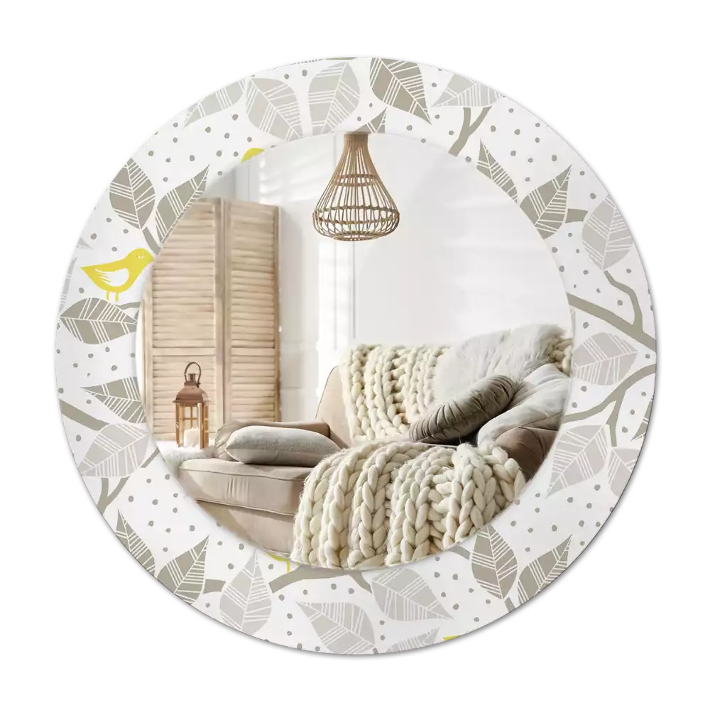 Rund spegel med tryckt Gula fåglar på grenarna