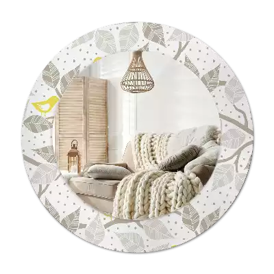 Rund spegel med tryckt Gula fåglar på grenarna