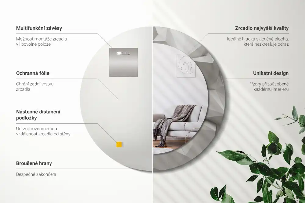 Rund spegel med tryckt ram Abstrakt vit kristall