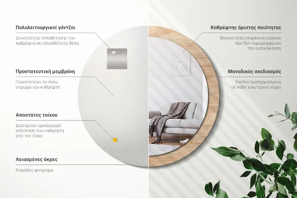 Rund spegel med tryckt Trä