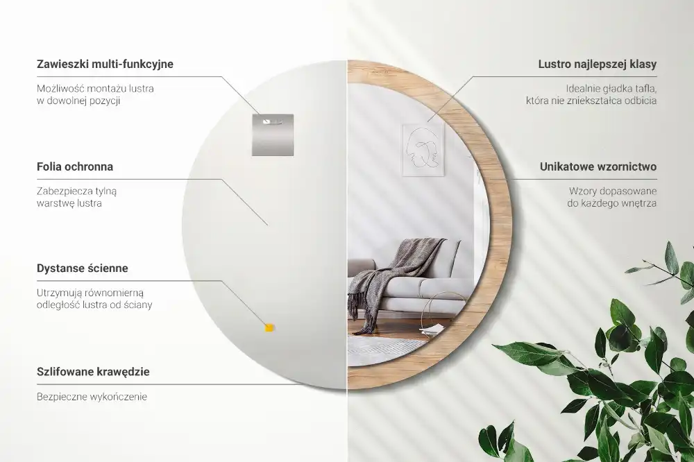 Rund spegel med tryckt Trä