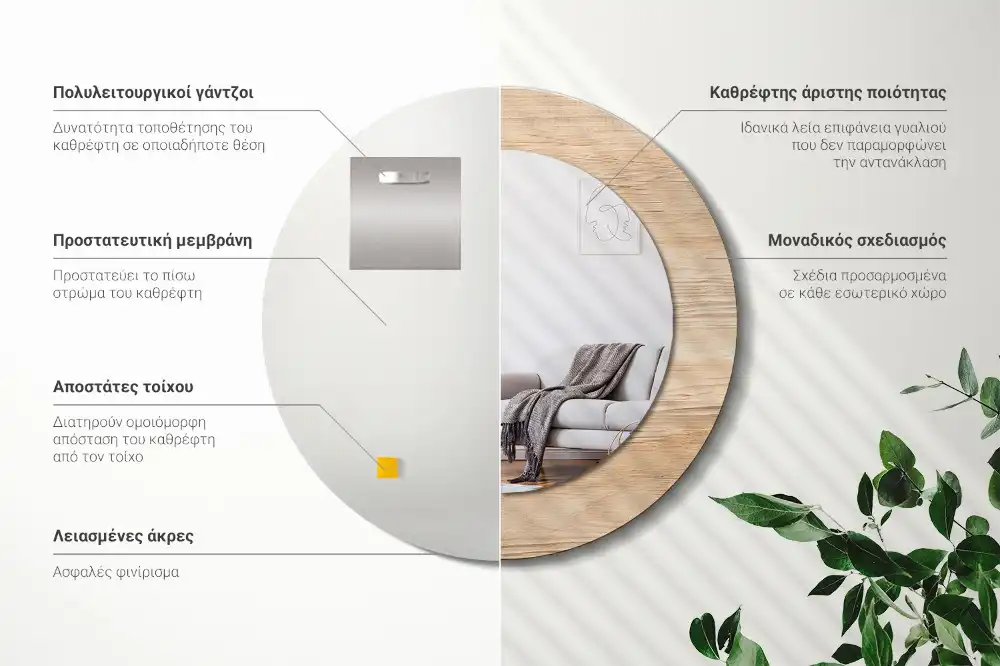 Rund spegel med tryckt Trä