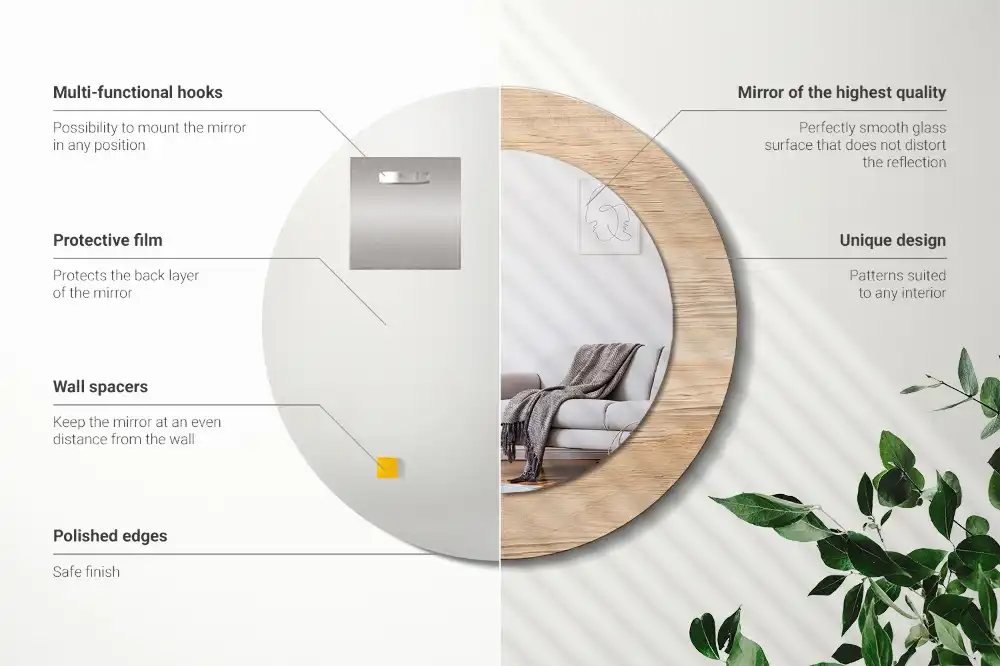 Rund spegel med tryckt Trä