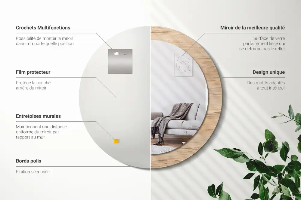 Rund spegel med tryckt Trä