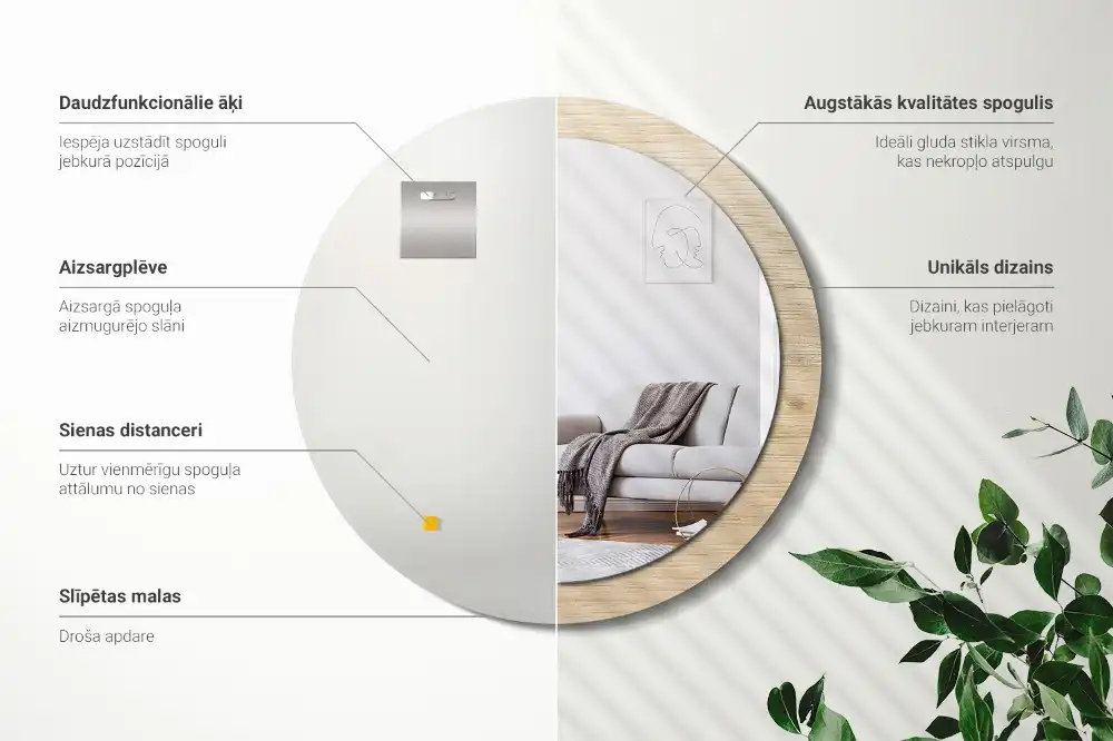 Rund spegel med tryckt Lätt trä