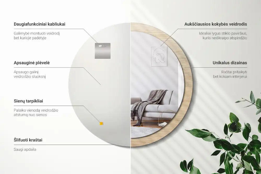 Rund spegel med tryckt Lätt trä