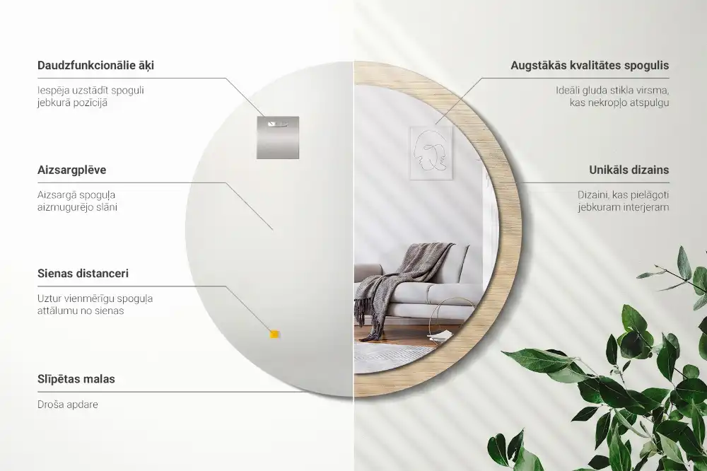 Rund spegel med tryckt Lätt trä