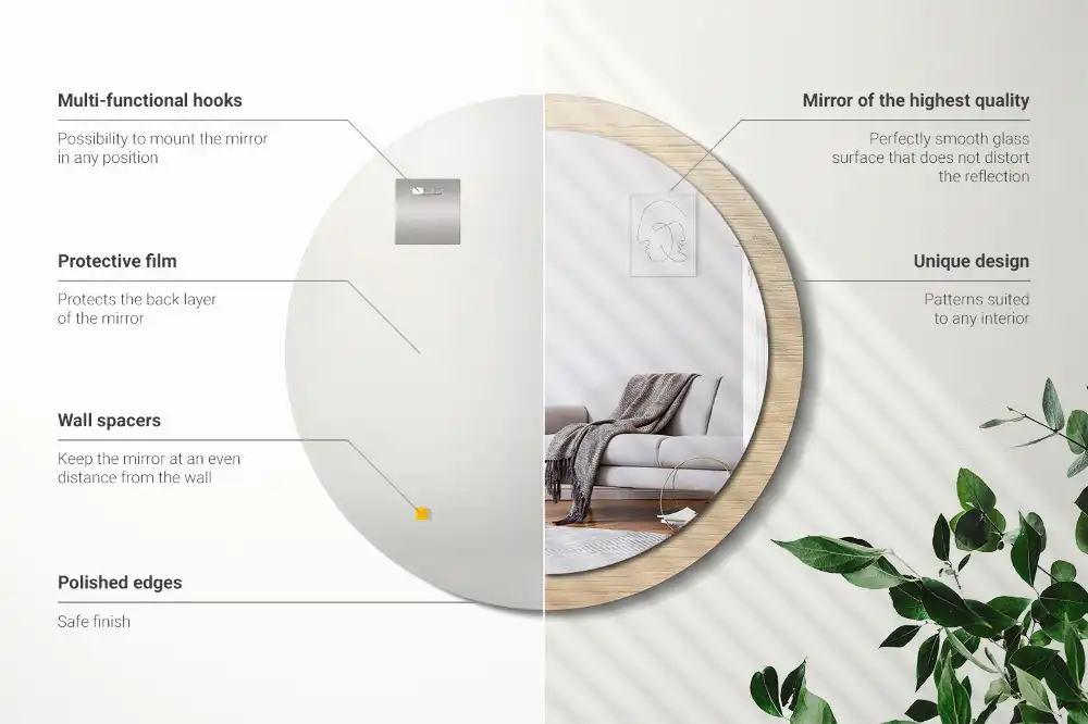 Rund spegel med tryckt Lätt trä