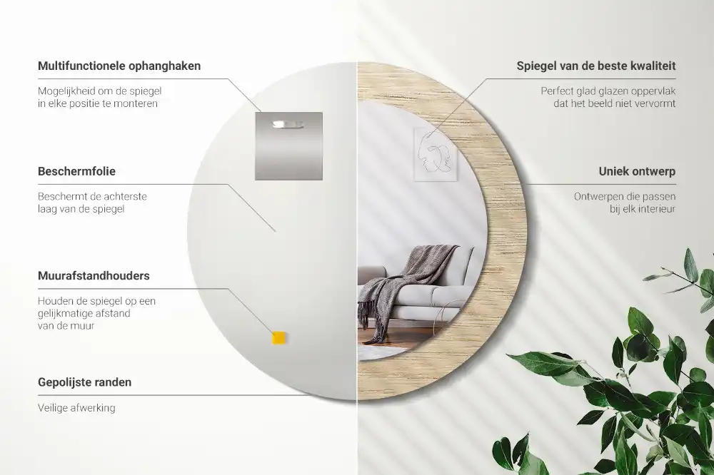 Rund spegel med tryckt Lätt trä