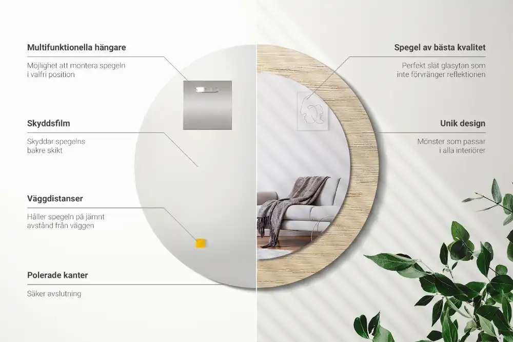 Rund spegel med tryckt Lätt trä