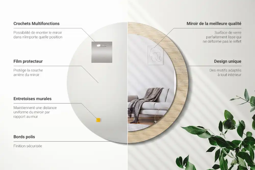 Rund spegel med tryckt Lätt trä