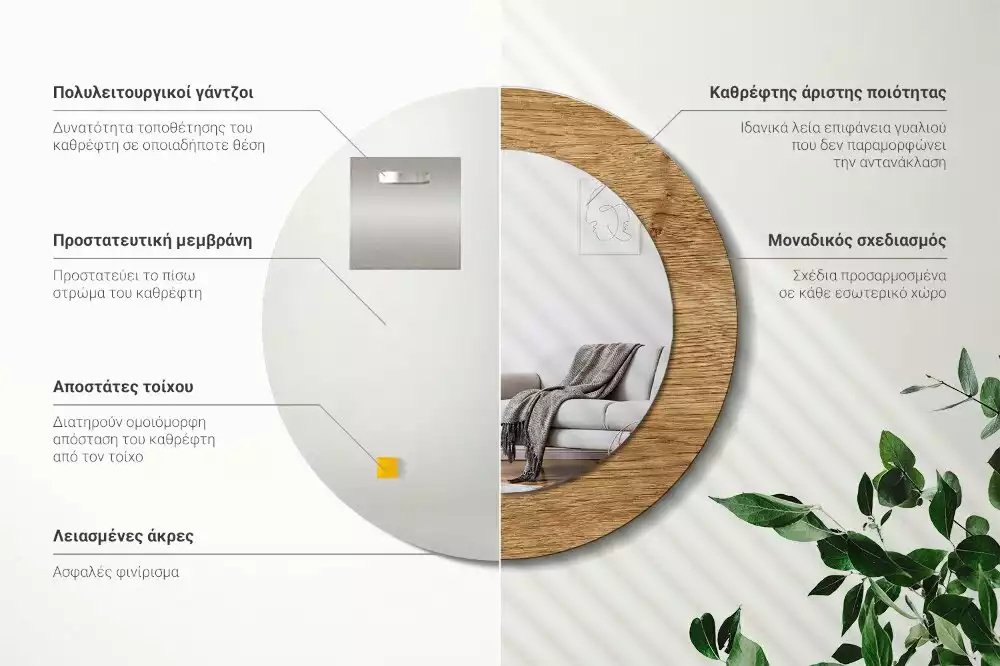 Rund spegel med tryckt ram Trästruktur