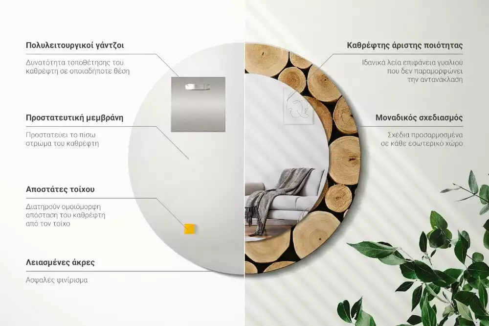 Rund spegel med tryckt ram Trästockar