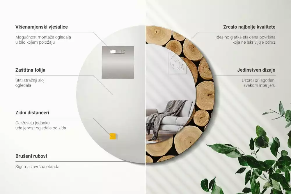 Rund spegel med tryckt ram Trästockar