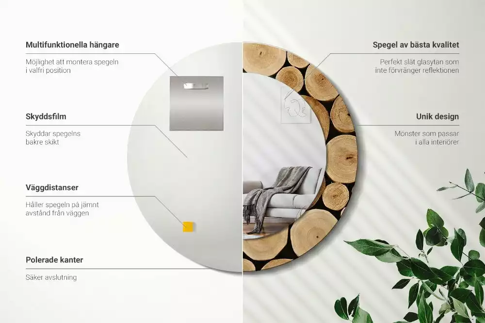 Rund spegel med tryckt ram Trästockar