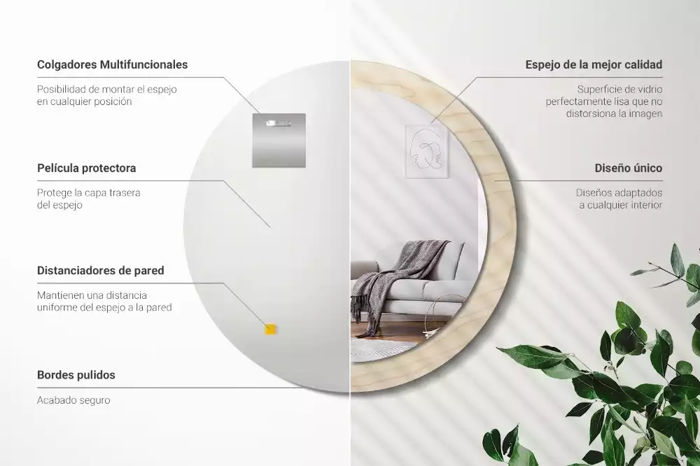 Rund spegel med tryckt ram Lätt trä