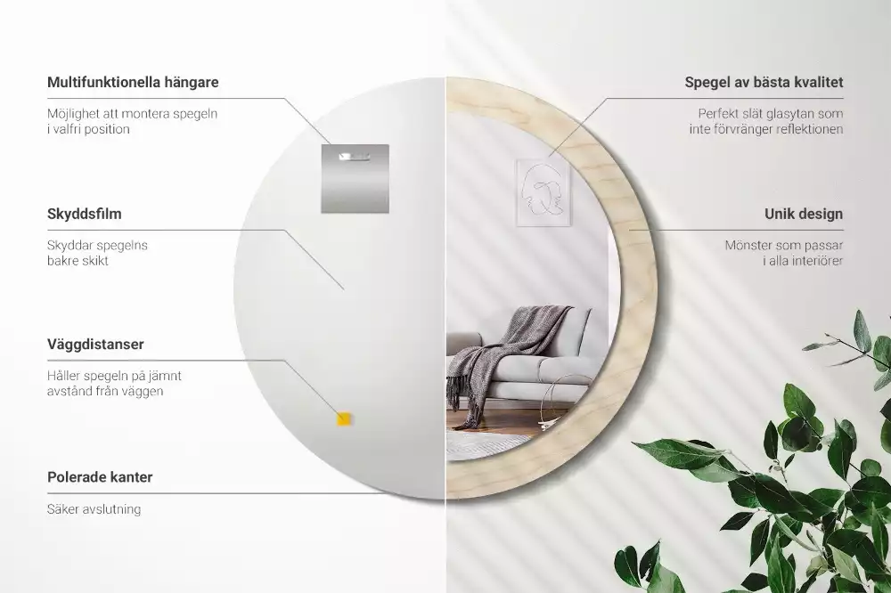 Rund spegel med tryckt ram Lätt trä