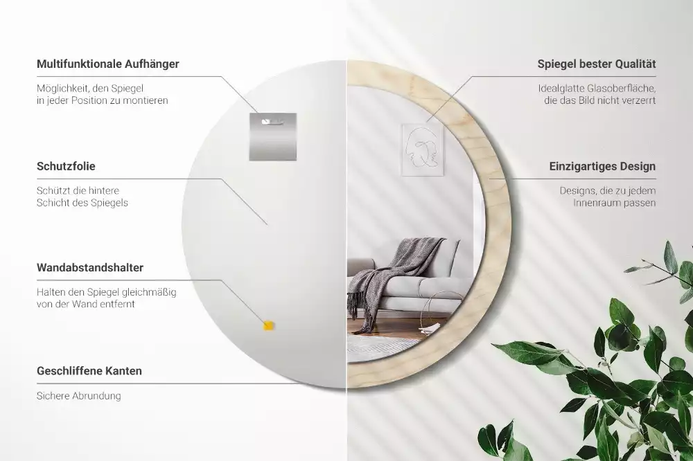 Rund spegel med tryckt ram Lätt trä