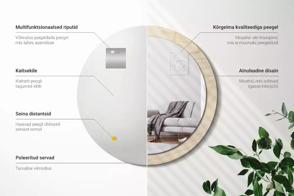 Rund spegel med tryckt ram Lätt trä