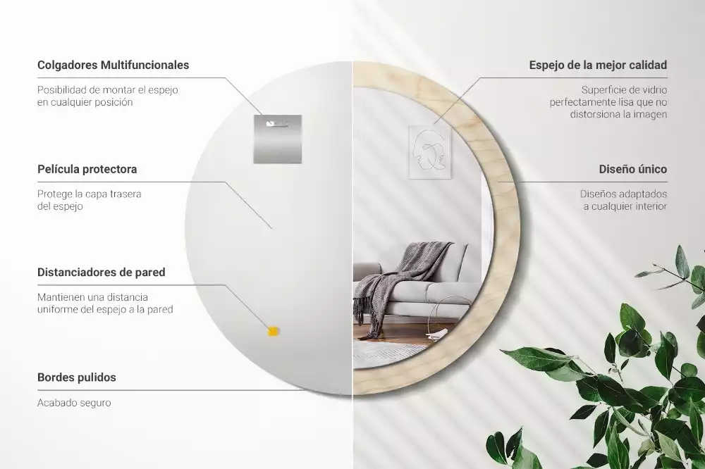 Rund spegel med tryckt ram Lätt trä