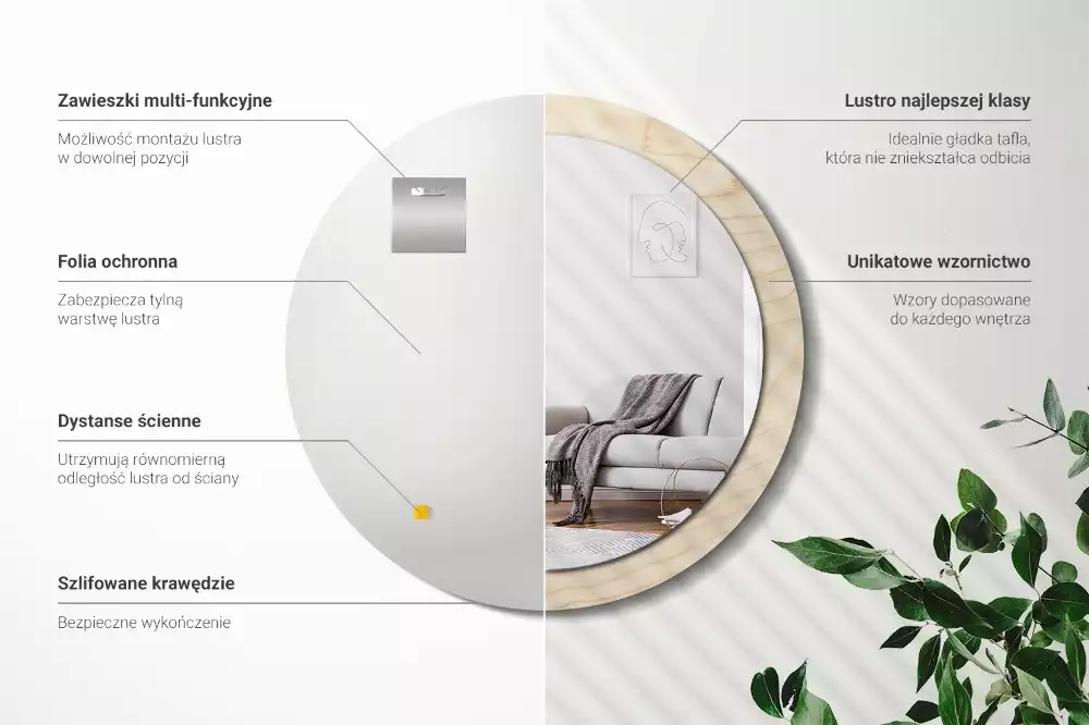 Rund spegel med tryckt ram Lätt trä