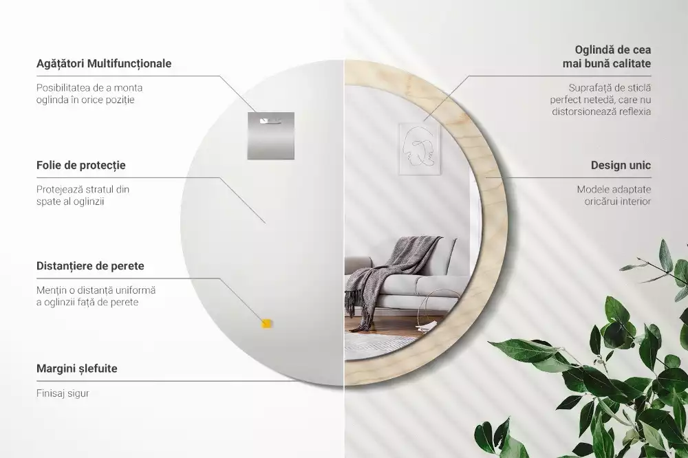 Rund spegel med tryckt ram Lätt trä