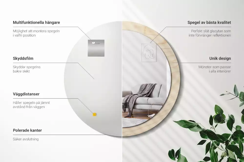 Rund spegel med tryckt ram Lätt trä