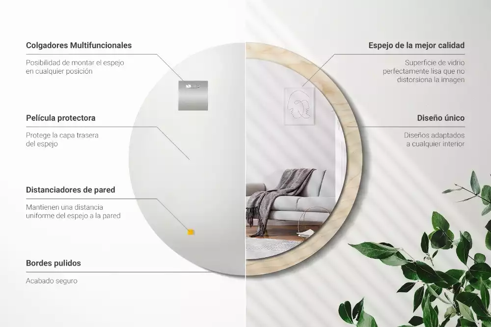 Rund spegel med tryckt ram Lätt trä