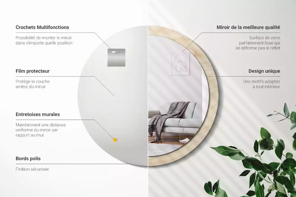 Rund spegel med tryckt ram Lätt trä