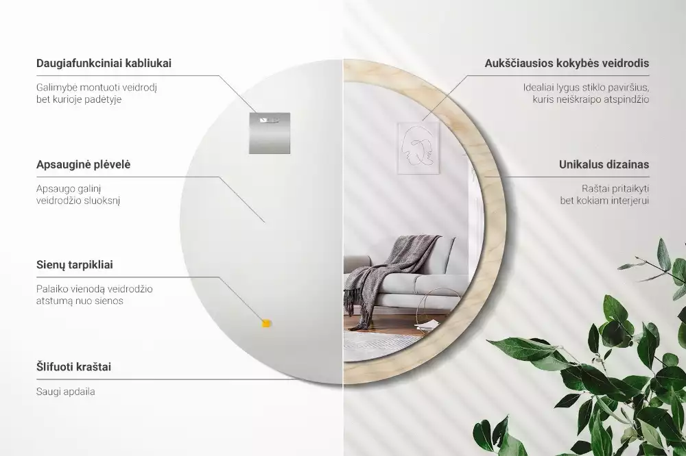 Rund spegel med tryckt ram Lätt trä