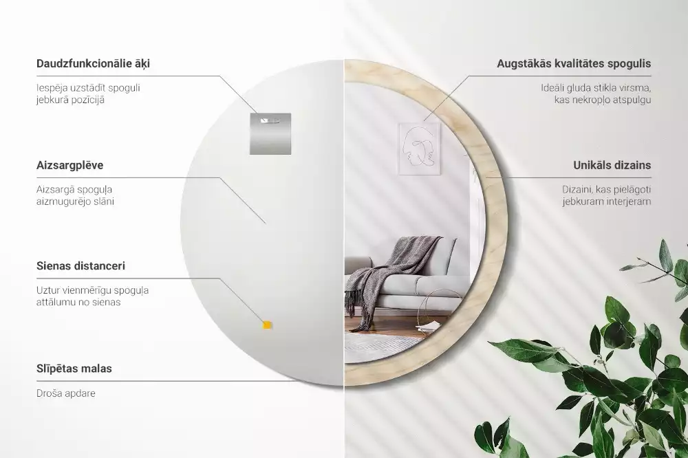 Rund spegel med tryckt ram Lätt trä